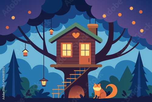 Charming treehouse illuminated by lanterns at dusk with a fox companion