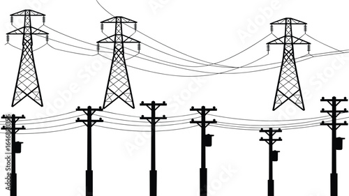 Silhouette of high voltage transmission towers and utility poles with power lines, energy distribution infrastructure, electrical grid system vector illustration