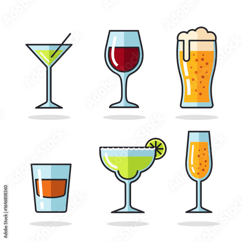 Cocktail and Alcoholic Drinks Flat Icon Set