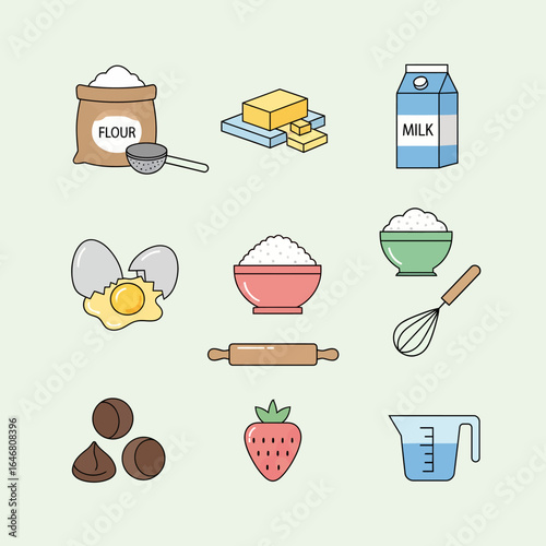 Baking and Cooking Ingredients Line Art Icons