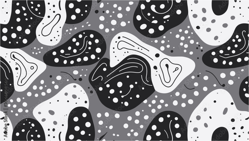 Fototapeta premium Abstract black white and grey blob pattern suitable for backgrounds, designs, textures, prints, and artistic projects in monochromatic themes.