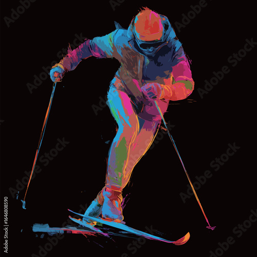 A man is skiing on a black background. He is wearing a black jacket and a red hat