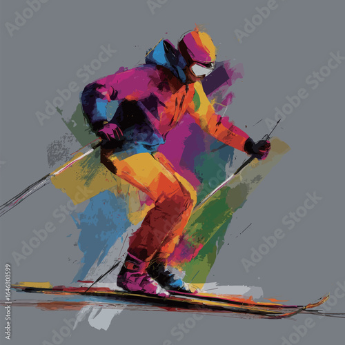 A man is skiing on a black background. He is wearing a black jacket and a red hat