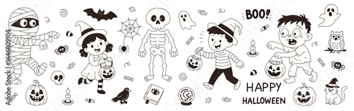 Trick or treat. Halloween elements set with children, zombie, mummy and skeleton isolated on white background, doodle drawing for coloring pages