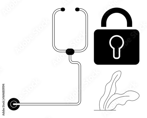 Bike lock anchored to a wheel next to a secure lock pad and decorative plant. Ideal for safety, transportation, security, stability, eco-friendliness, urban lifestyle, simple flat metaphor