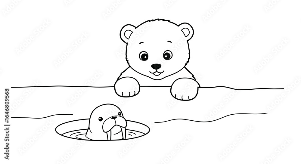 Fototapeta premium Coloring page featuring a bear looking at a walrus in the water