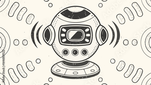 Stylized drawing of a retro robot with circular patterns and signal waves on a light background