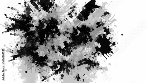 Minimalist black and white grunge texture background with subtle grain, rough brush strokes, abstract ink splashes, vintage film dust, distressed paint stains, and modern artistic border frame
