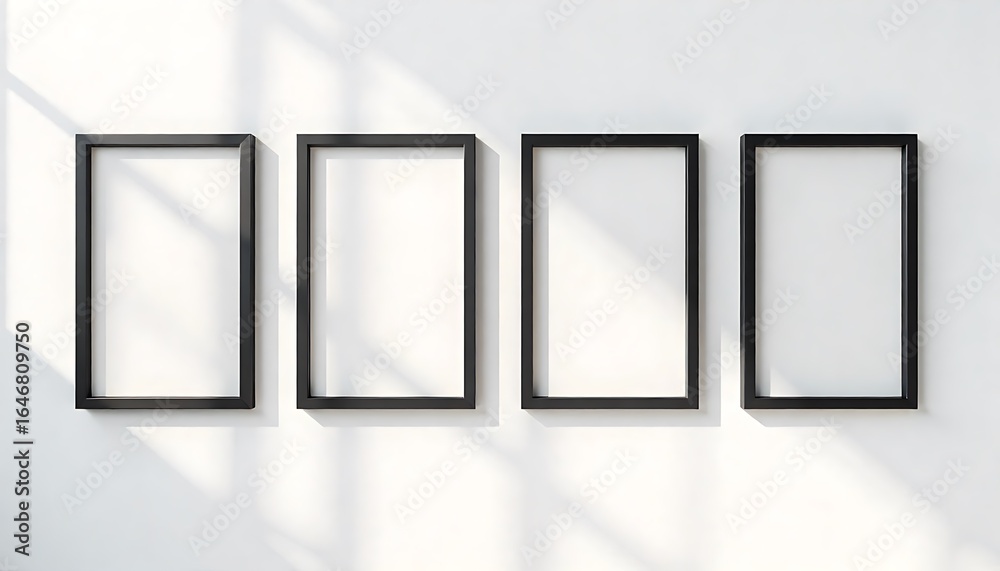 Photo and picture frame mockup, advertisement, billboard, four blank black picture frames hanging on a white wall with sunlight casting shadows on the wall, created with generative ai Photo and picture frame mockup, advertisement, billboard, four blank black picture frames hanging on a white wall with sunlight casting shadows on the wall, created with generative ai