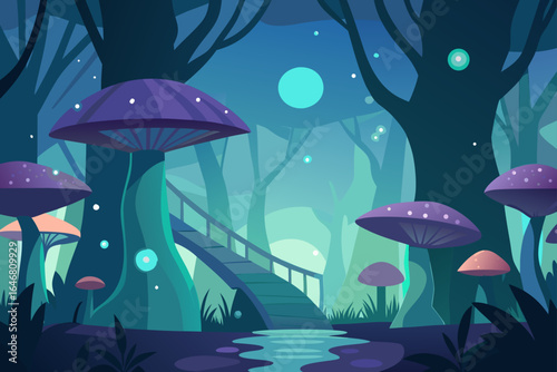Enchanted forest with giant mushrooms and a mystical bridge at night