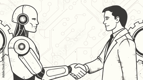 Robot and human shaking hands in agreement with circuit board and gears in the background illustration