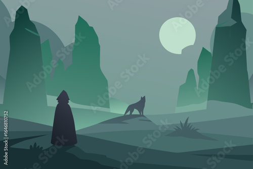 Mysterious hooded figure and wolf in a misty mountain landscape under a full moon