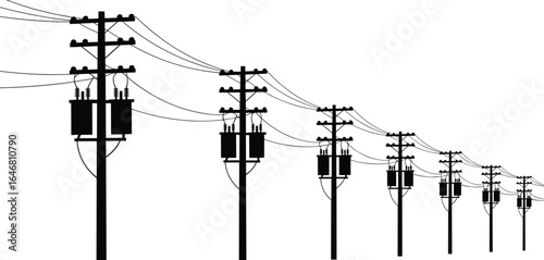 Vector illustration of electric utility poles with dual transformers and power lines, energy distribution system, infrastructure and electrical network