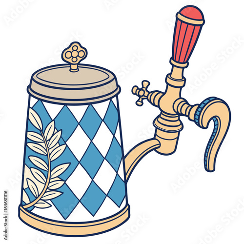 A bavarian themed beer stein with a traditional diamond pattern and a golden beer tap perfect for oktoberfest celebrations and pub imagery