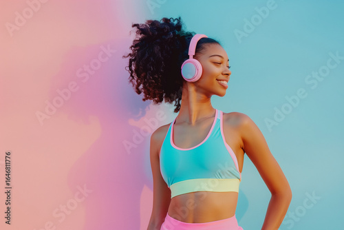 Active woman with headphones on minimal background
Sporty lifestyle concept with copy space