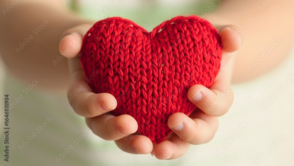 Fototapeta premium Hands holding a knitted red heart, symbolizing love, care, and compassion in a heartwarming gesture.