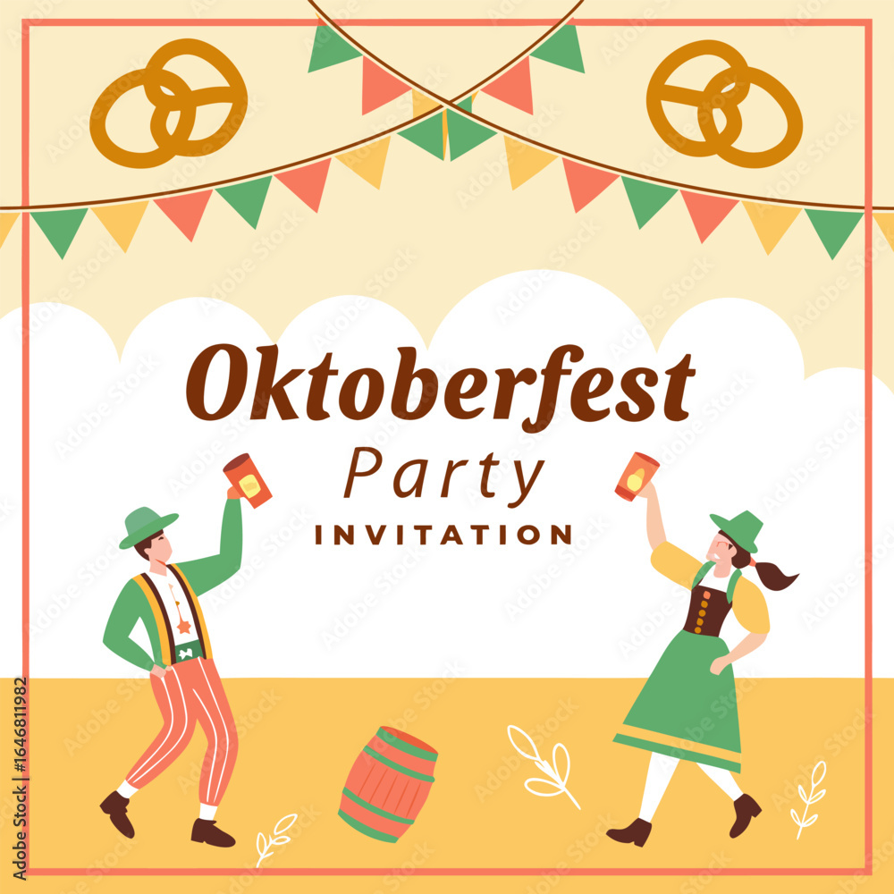 Fototapeta premium Oktoberfest celebration invitation featuring traditional bavarian dancers and festive decorations