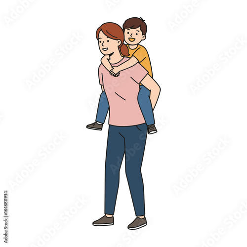 A woman gives her son a piggyback ride, showing a moment of shared joy and connection between mother and child in an illustration.
