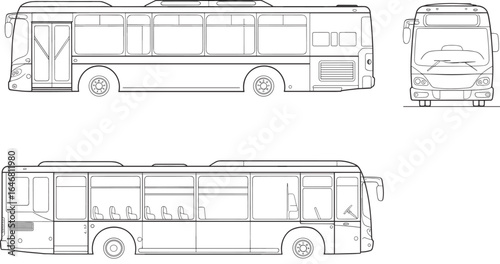 Detailed CAD drawing vector illustration of modern city bus from multiple views, front side perspective, public transportation design, technical blueprint, vehicle engineering