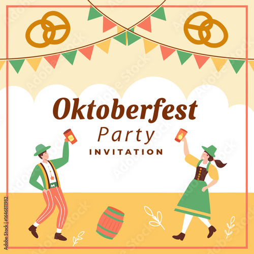 Oktoberfest celebration invitation featuring traditional bavarian dancers and festive decorations