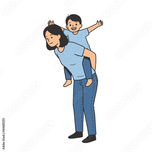 Joyful Mother and Son Piggyback Ride, Capturing a Moment of Pure Happiness and Connection