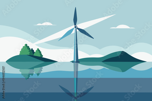 Subtle Texture Wind Turbine Vector with Water Reflection