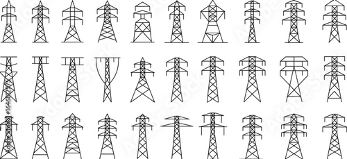 Electricity transmission towers, high voltage power pylons, energy infrastructure, electric power lines, industrial grid, electrical towers, power distribution poles