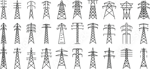 High voltage electricity transmission towers, power pylons, energy infrastructure, electric power lines, industrial grid, electrical towers silhouette