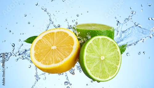 Ultra high-speed macro photography of a half-cut lemon and a whole lime suspended in mid-air with water splashes on a blue background

