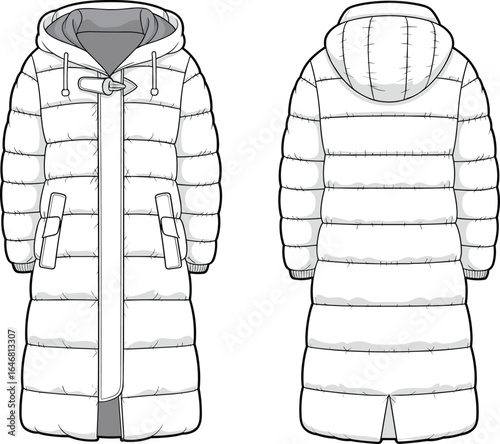 Vector CAD drawing of long winter puffer jacket with hood, front and back views, 