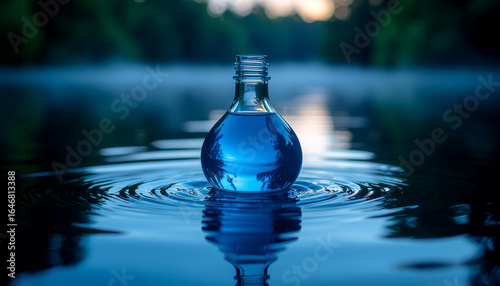 Floating Indigo Bottle Over Black Water