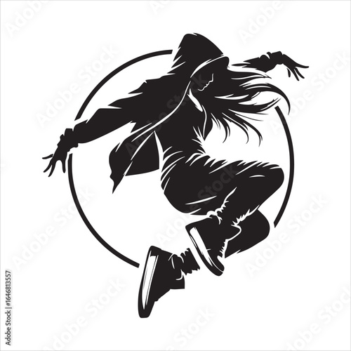Silhouette of a female hip hop dancer in a circle with flowing hair breakdance street dance