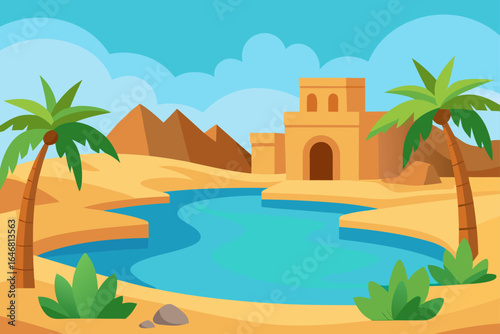 Desert oasis with pyramids and palm trees by the water