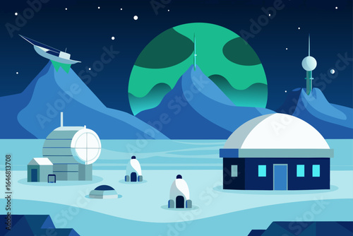 Futuristic alien planet landscape with domed buildings and a crashed spaceship