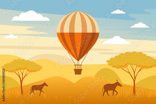 Hot air balloon flies over savanna with animals and trees