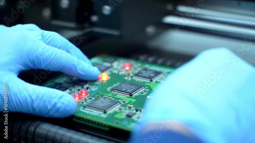 Technician assembling electronic circuit board with glowing LEDs in a high-tech manufacturing facility
