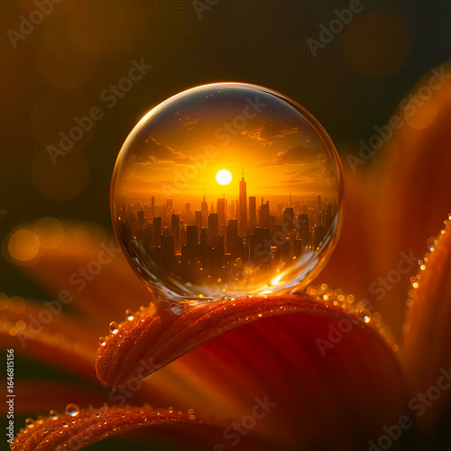  Tiny sunrise city inside a dew drop, photorealistic macro world
