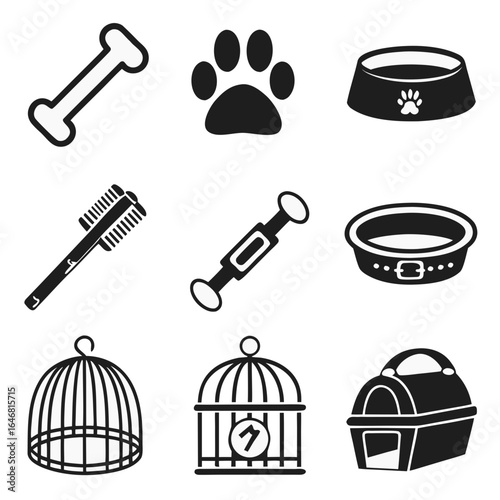 Black silhouettes of pet care items including bone paw print food bowl collar bird cage and carrier