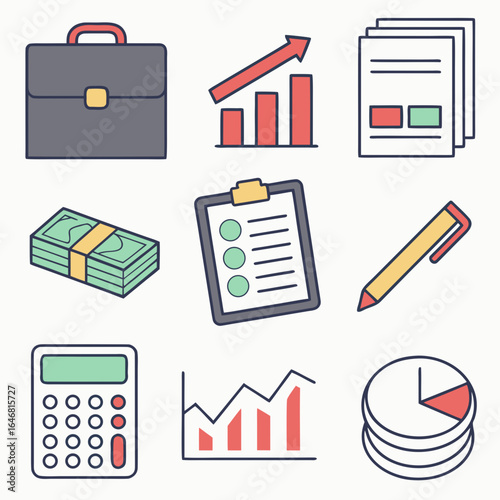 Business icons including briefcase money calculator charts and pen finance
