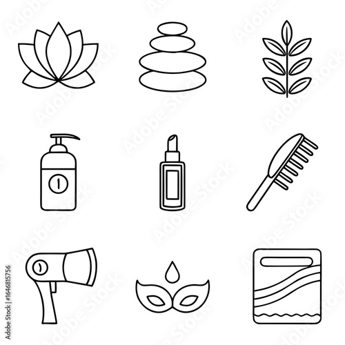 Collection of black line icons for beauty and spa services lotus candle