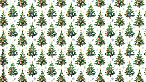 An artistic, hand-painted watercolor Christmas tree, adorned with charming ornaments and delicate snowflakes, creating a soft and magical holiday greeting card design.