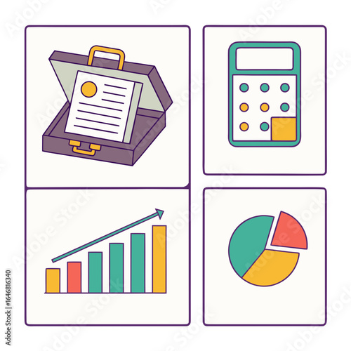 Open briefcase with document calculator bar chart and pie chart icons paper