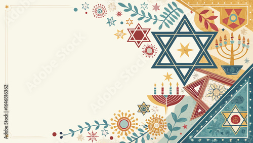 **Hanukkah abstract geometric borders inspired by Jewish art motifs with empty space for text, copy space**