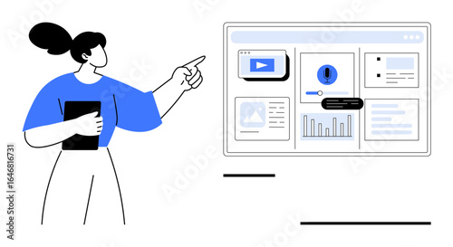 Woman pointing at a digital dashboard displaying graphs, reports, alerts, video, and chart analytics. Ideal for business, presentation, data analysis, technology education training and marketing