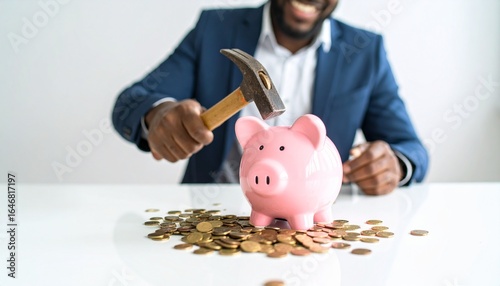 Man Breaking a Pink Piggy Bank with a Hammer