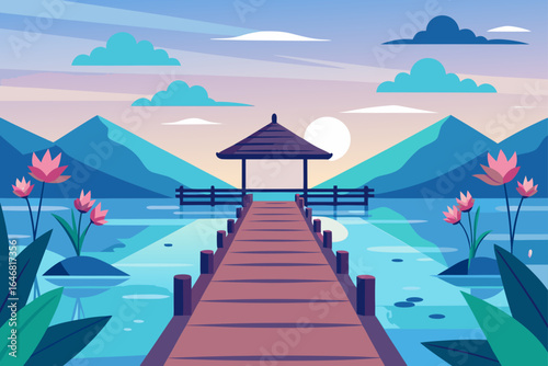 Tranquil scene of a wooden pier leading to a gazebo on a calm lake with mountains and lotus flowers