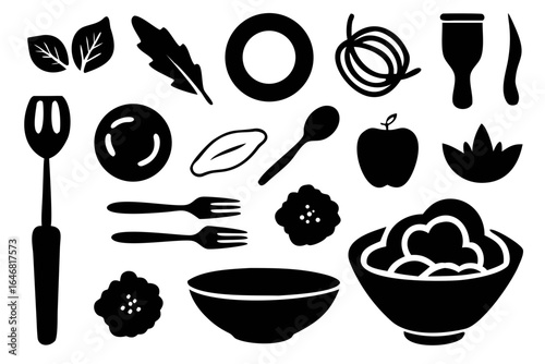 A refined minimalist line art bundle of salad preparation and serving essentials. Perfect for healthy food branding, cooking classes, and vegan café menus with a fresh, organic touch.