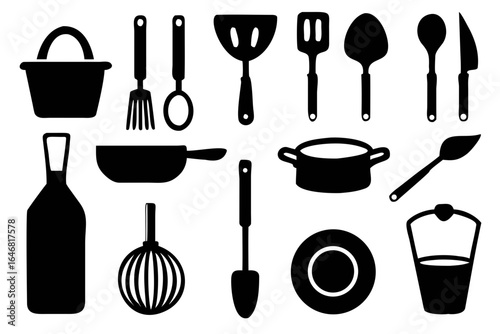 A modern bundle of minimalist line art icons showcasing versatile cooking utensils for home chefs and culinary businesses. Ideal for recipe cards, cooking school branding, kitchenware catalogs, and re