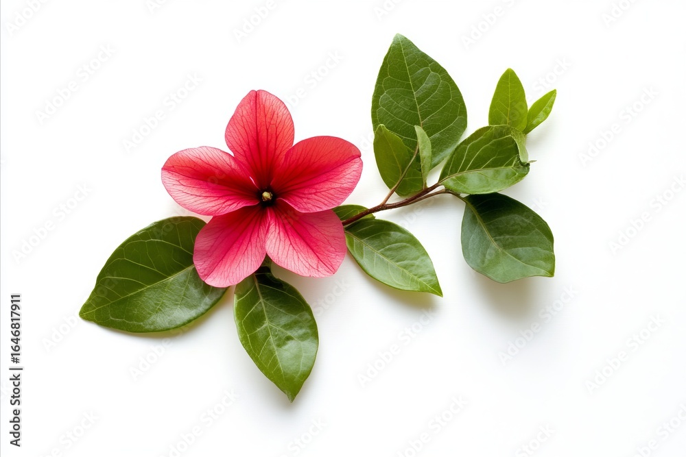 Obraz premium Vibrant Red Flower and Green Leaves on White Background, Botanic