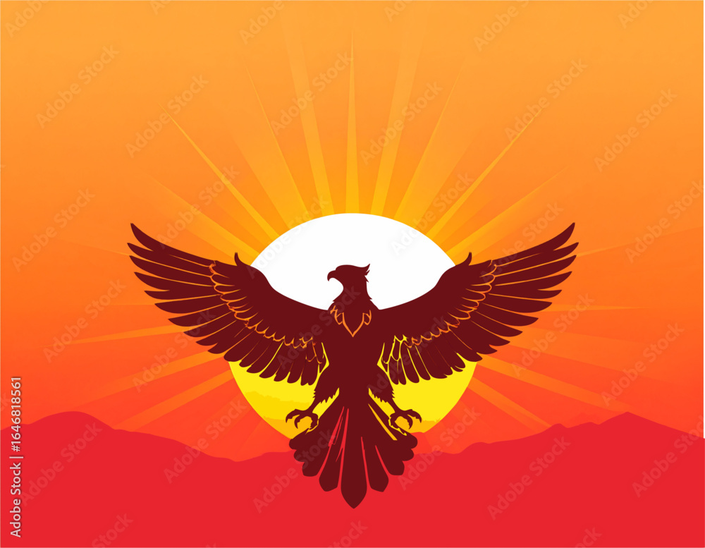 Obraz premium An eagle silhouette with outstretched wings against a radiant sun and mountain landscape in shades of red and orange.